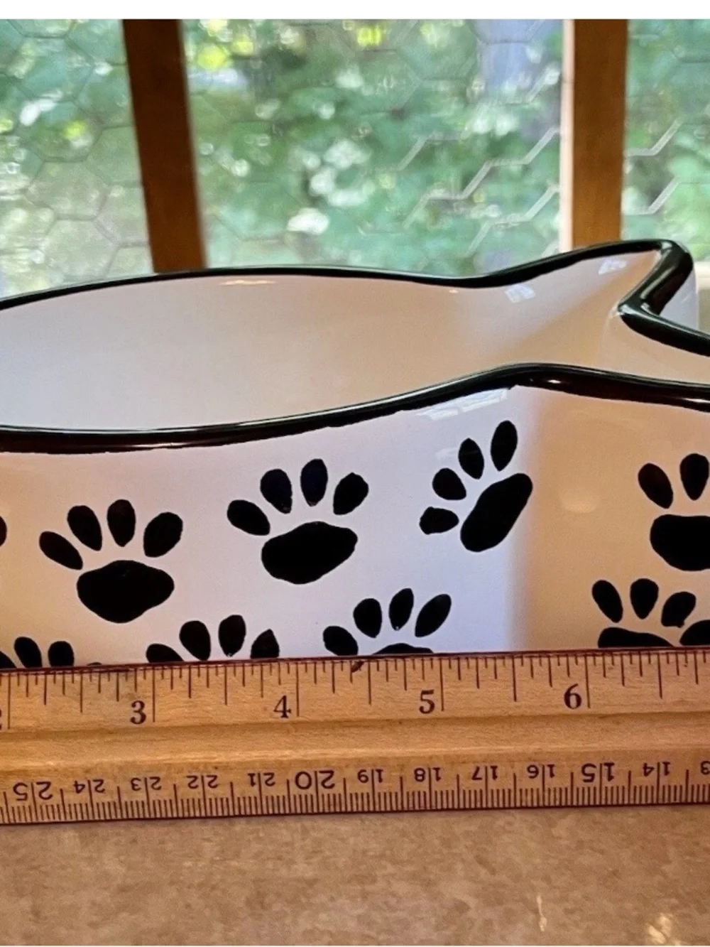 Ceramic Fish-Shaped Pet Bowl with Black Paw Print Design - White